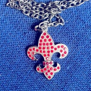 VCLM Fleur de lis red rhinestone and gunmetal necklace
